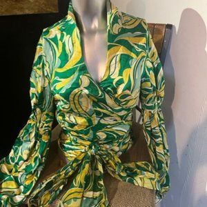 Green Satin Paisley Flare sleeve wrap-top